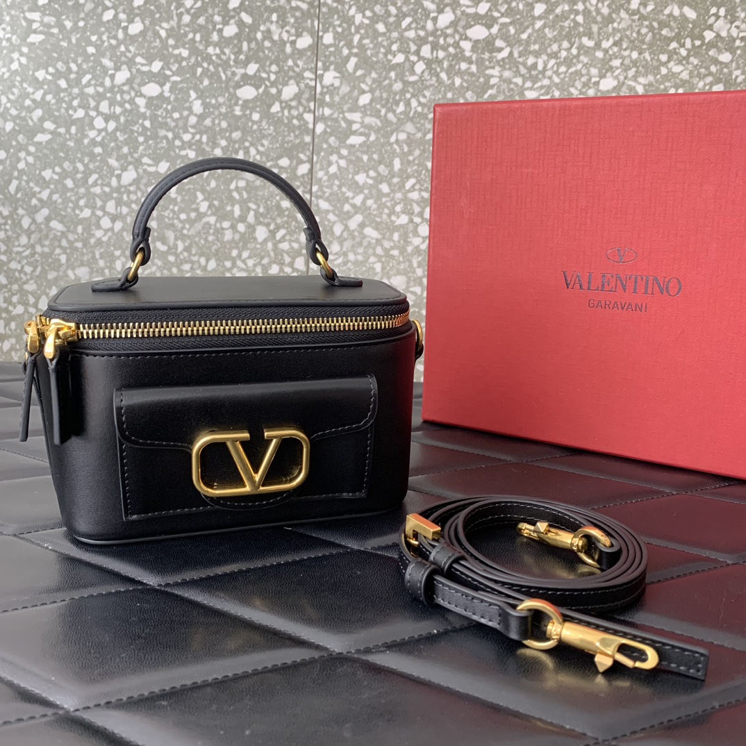 Valentino Garavani Loco Mini Box Bag in Black Calfskin Leather 